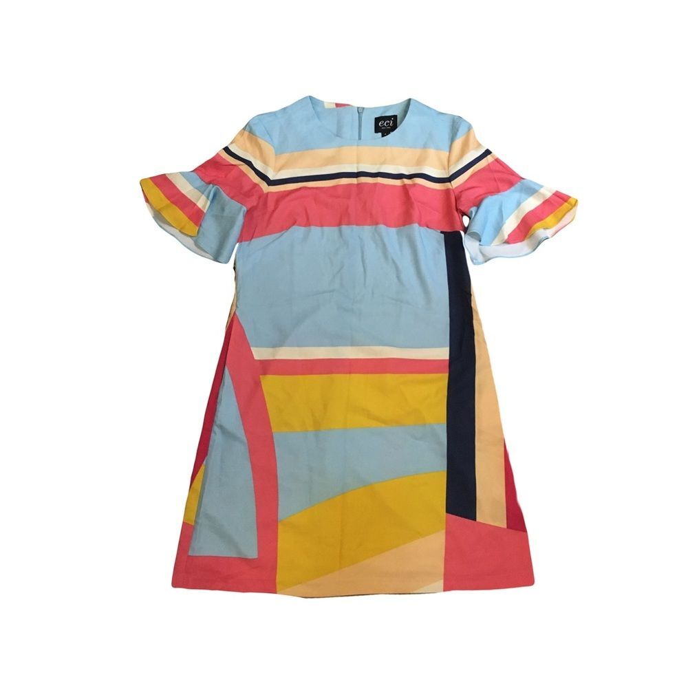 ECI size 4 multi color mini dress flutter sleeve pink peach blue Nwot
